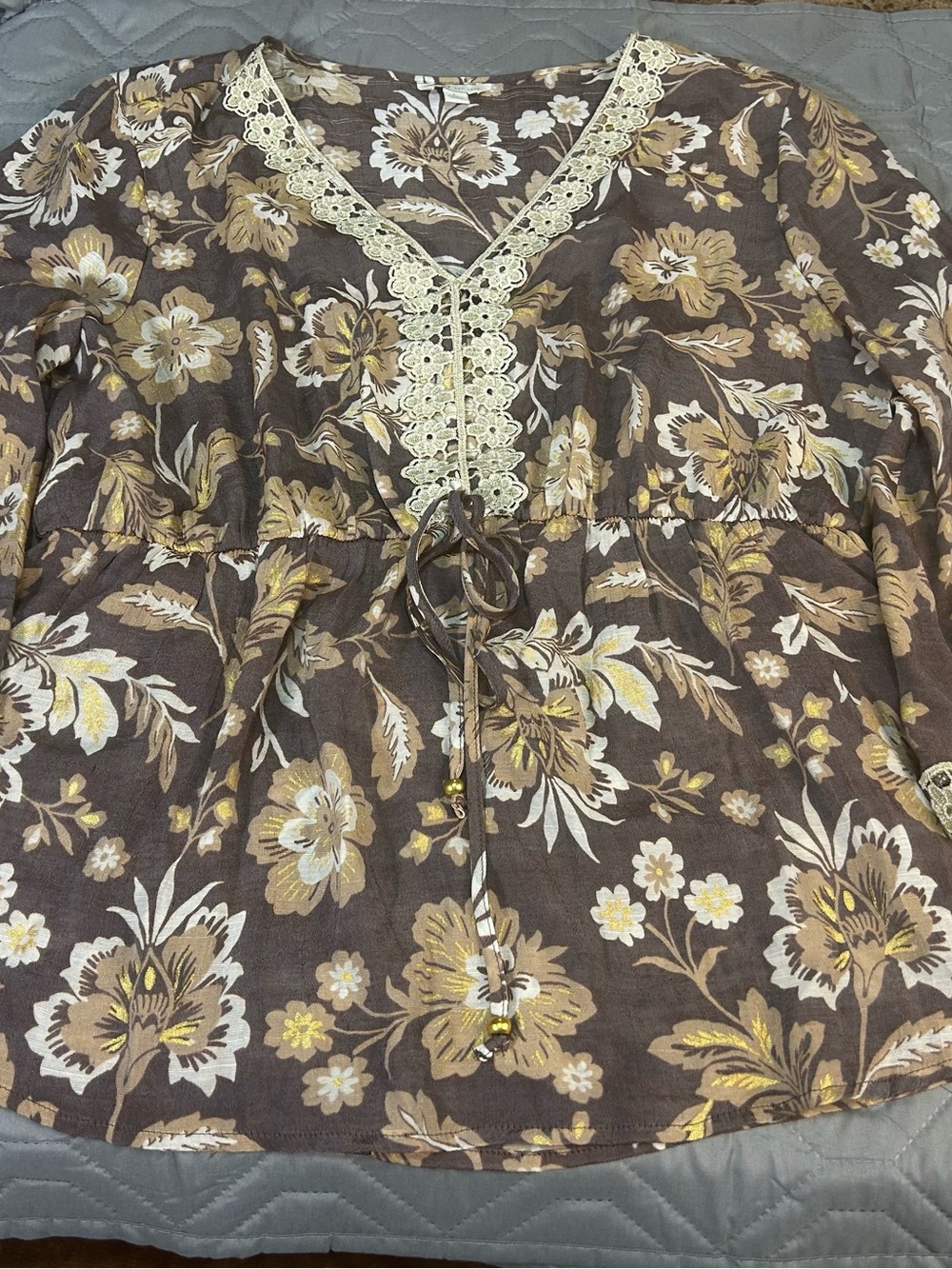 Cato Brown Floral Lace-Trim V-Neck Blouse